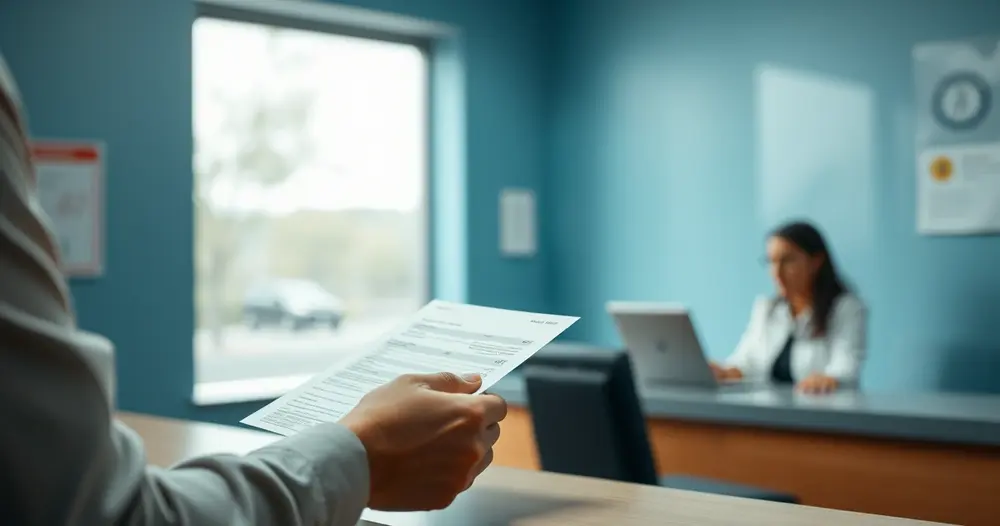 Mãos protocolando um pedido de certidão no balcão do cartório