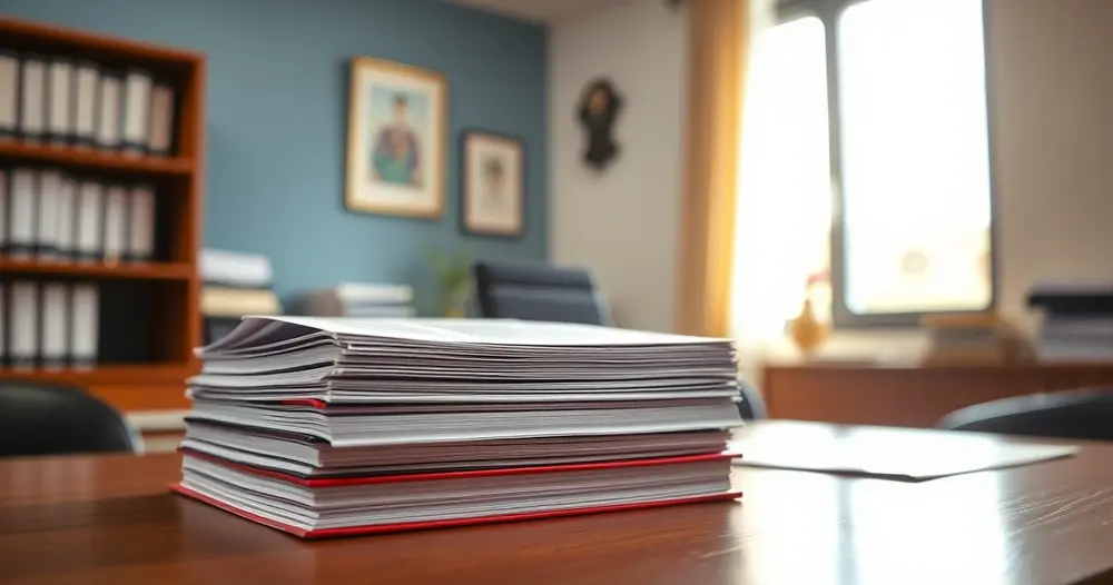 Livros de registro empilhados sobre uma mesa em uma sala de cartório