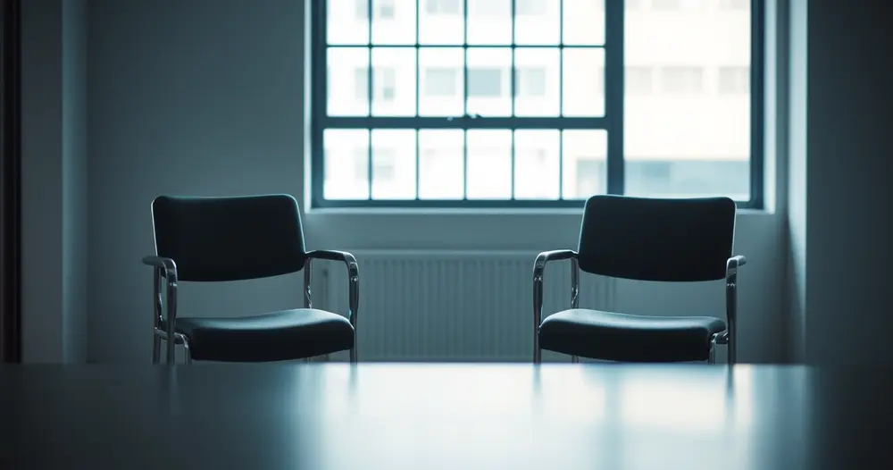 Mesa de escritório com duas cadeiras, uma delas vazia, representando a separação