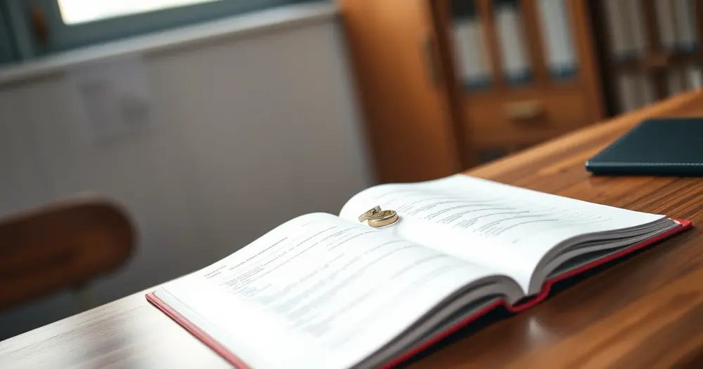 Alianças sobre um livro de registro aberto na mesa do cartório de registro civil