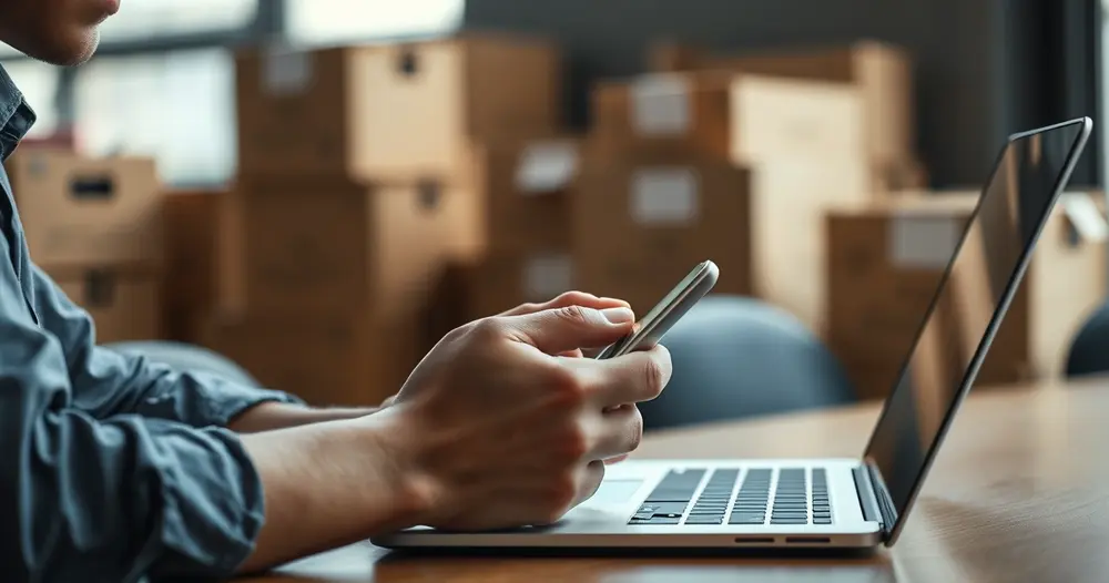 Pessoa usando o celular à mesa com notebook e caixas de mudança ao fundo