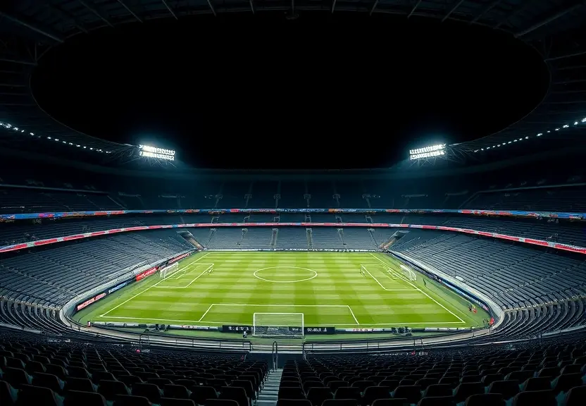 Estádio de futebol vazio à noite, com os refletores acesos