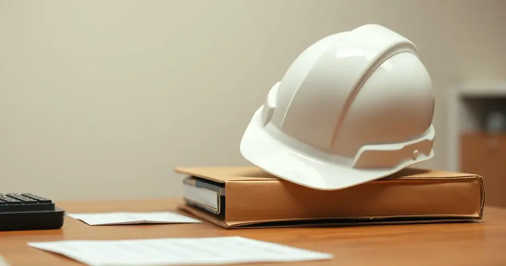 Capacete de obra branco sobre pasta de documentos em mesa de escritório