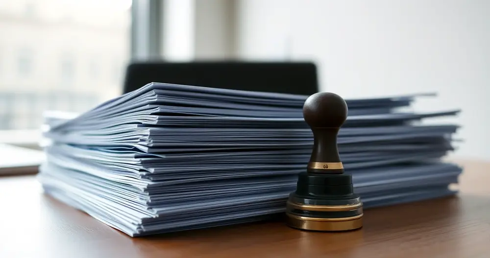 Pilha de folhas ao lado de um carimbo sobre a mesa de um cartório