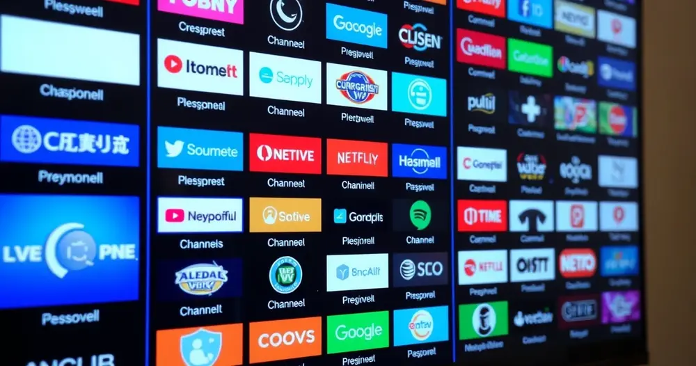tela de televisão exibindo grade com muitos canais listados